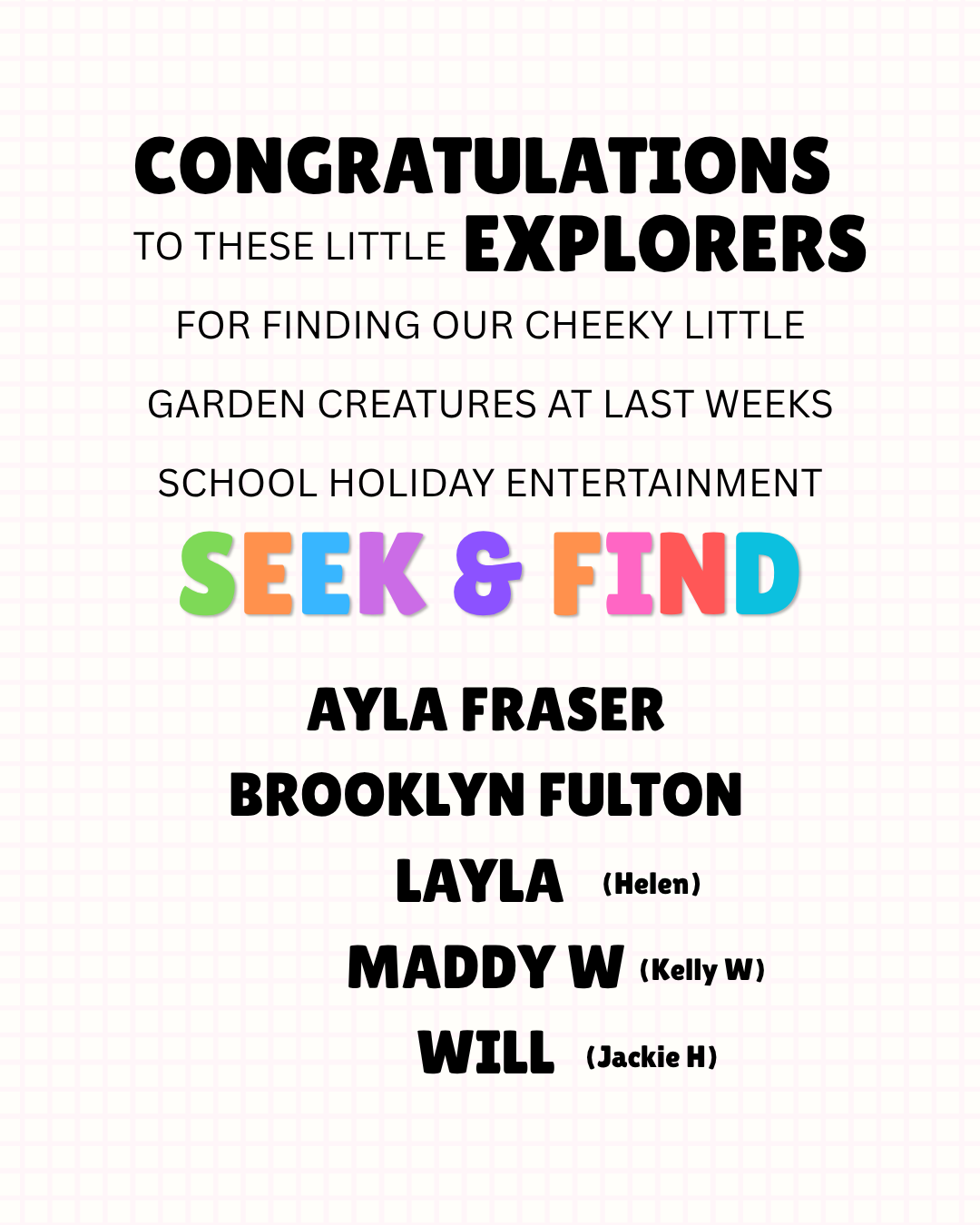 School holiday seek & find competition winners spring school holiday entertainment