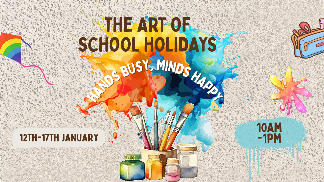 School Holiday Entertainment Banner with yellow, orange, blue colour paint splash decporative paint brushes and pots with dates and times!